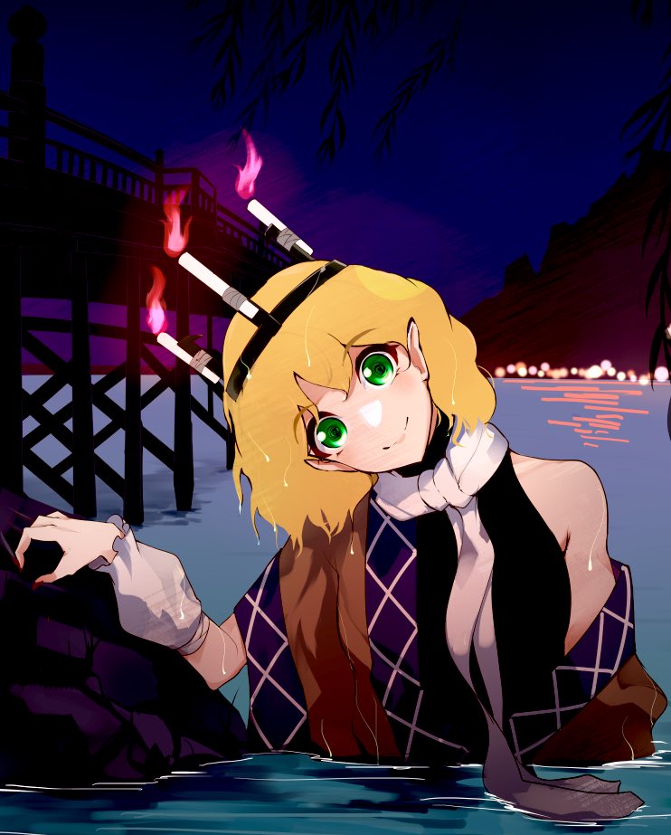 13-gou 1girl arm_warmers black_bodysuit blonde_hair bodysuit breasts bridge brown_jacket candle commentary_request green_eyes hashihime head_tilt jacket leaf looking_at_viewer medium_breasts mizuhashi_parsee partially_submerged pointy_ears scarf short_hair smile solo touhou water wet wet_clothes wet_hair white_scarf