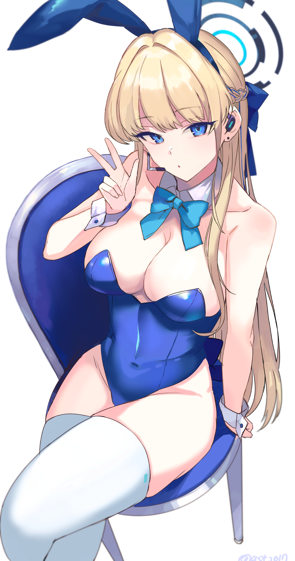 1girl animal_ears aqua_necktie arm_support ashita_(2010) blonde_hair blue_archive blue_eyes blue_leotard braid breasts chair cleavage collarbone covered_navel crossed_legs detached_collar earrings fake_animal_ears feet_out_of_frame groin half_up_braid halo headset highres jewelry large_breasts leotard long_hair looking_at_viewer necktie official_alternate_costume on_chair playboy_bunny rabbit_ears simple_background sitting solo strapless strapless_leotard stud_earrings toki_(blue_archive) toki_(bunny)_(blue_archive) very_long_hair w white_background white_wrist_cuffs wrist_cuffs