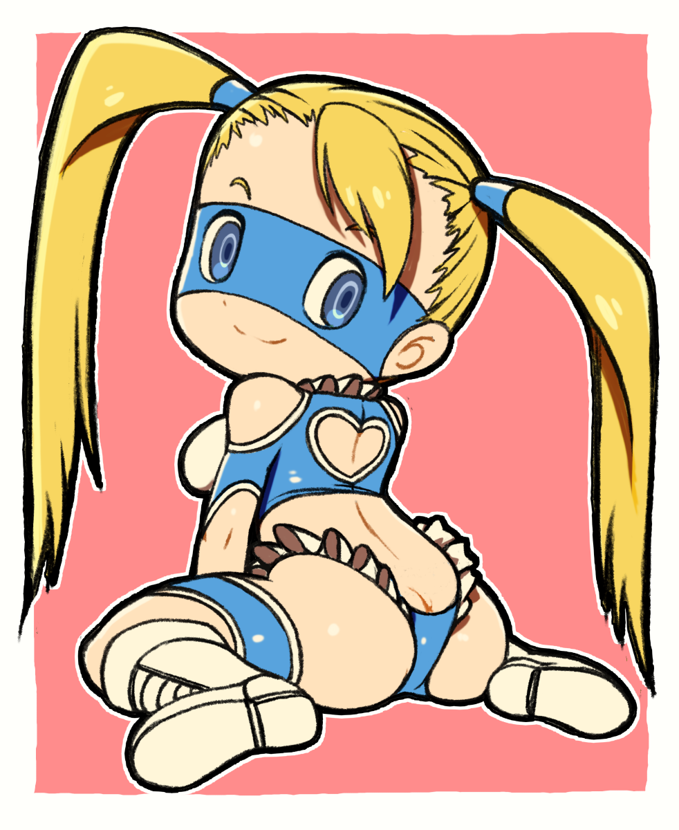 1girl ass back_cutout bare_shoulders beeru_(veil8801) blonde_hair blue_eyes boots breasts butt_crack closed_mouth clothing_cutout eye_mask heart_cutout highres knee_boots long_hair looking_back median_furrow medium_breasts outline rainbow_mika shoulder_cutout sitting smile solo street_fighter twintails wariza white_boots white_outline wrestling_mask wrestling_outfit