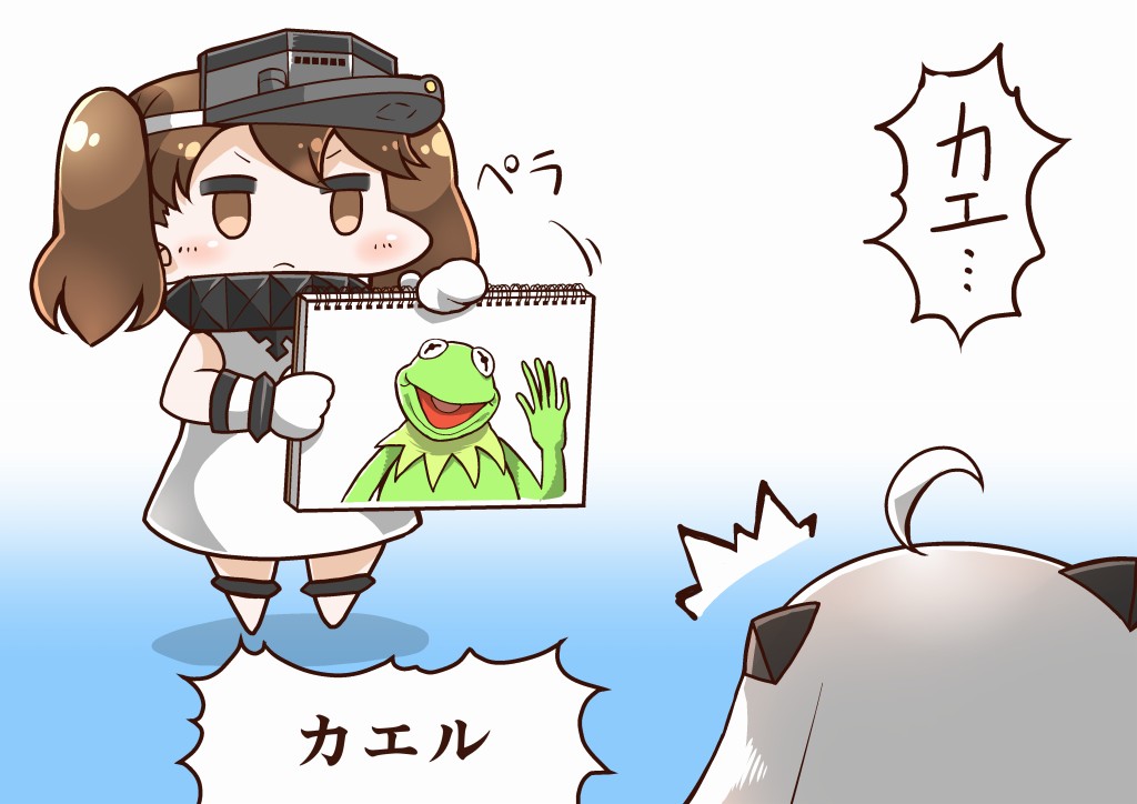 10s 2girls ^^^ abyssal_ship ahoge alternate_costume blue_background brown_eyes brown_hair colored_skin comic cosplay dress gradient_background horns kantai_collection kermit_the_frog long_hair mittens multiple_girls muppets northern_ocean_hime_(cosplay) northern_ocean_princess notebook pale_skin red_eyes ryuujou_(kancolle) sleeveless sleeveless_dress tanaka_kusao twintails visor_cap white_background white_dress white_hair white_skin