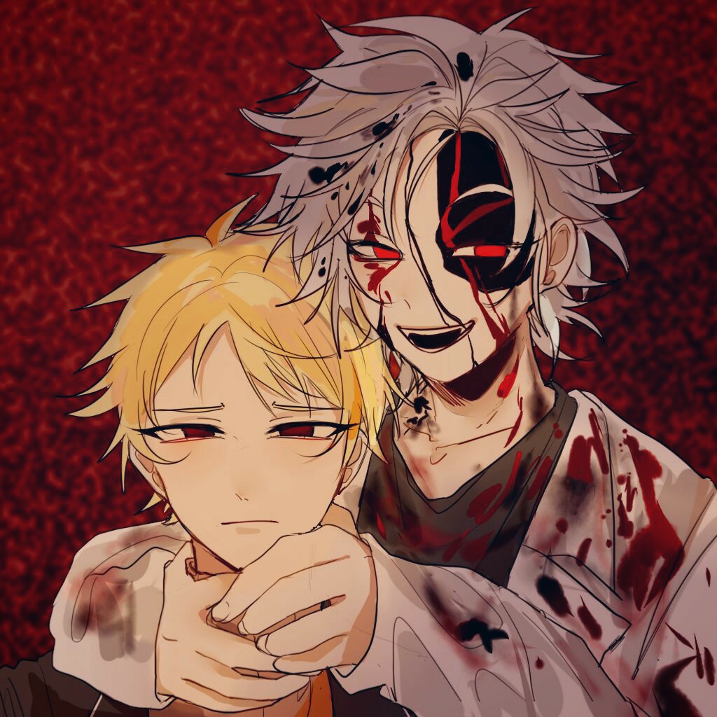 2boys atou_haruki black_jacket black_shirt blonde_hair blood blood_drip blood_in_hair blood_on_clothes blood_on_face chinese_commentary closed_mouth collarbone commentary_request crazy fangs fingernails grey_hair hands_on_another&#039;s_neck jacket kanou_aogu lab_coat lapels lemijiang light_frown long_sleeves looking_at_viewer male_focus messy_hair multiple_boys notched_lapels open_mouth red_background red_eyes saibou_shinkyoku shirt short_hair sleeves_past_wrists smile teeth upper_body