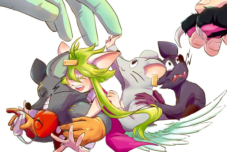 1girl ahoge animal_ears blush_stickers breasts cat claws ear_tag gloves green_hair heart_(mad_rat_dead) leotard mad_rat mad_rat_dead mob_rat_(mad_rat_dead) mouse_(animal) mouse_ears mouse_girl necktie nippon_ichi rat_god red_eyes wings wrist_cuffs