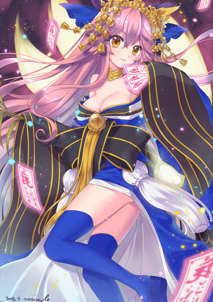 1girl animal_ear_fluff animal_ears bell blue_bow blue_kimono blue_ribbon blue_thighhighs blush bow breasts cleavage collarbone crown fate/grand_order fate_(series) fox_ears fox_girl fox_tail hair_ribbon japanese_clothes kimono large_breasts long_hair mitsu_masaya multiple_tails open_mouth pink_hair pixiv_fate/grand_order_contest_2 ribbon solo tail tamamo_(fate) tamamo_no_mae_(fate) tamamo_no_mae_(third_ascension)_(fate) thighhighs very_long_hair yellow_eyes