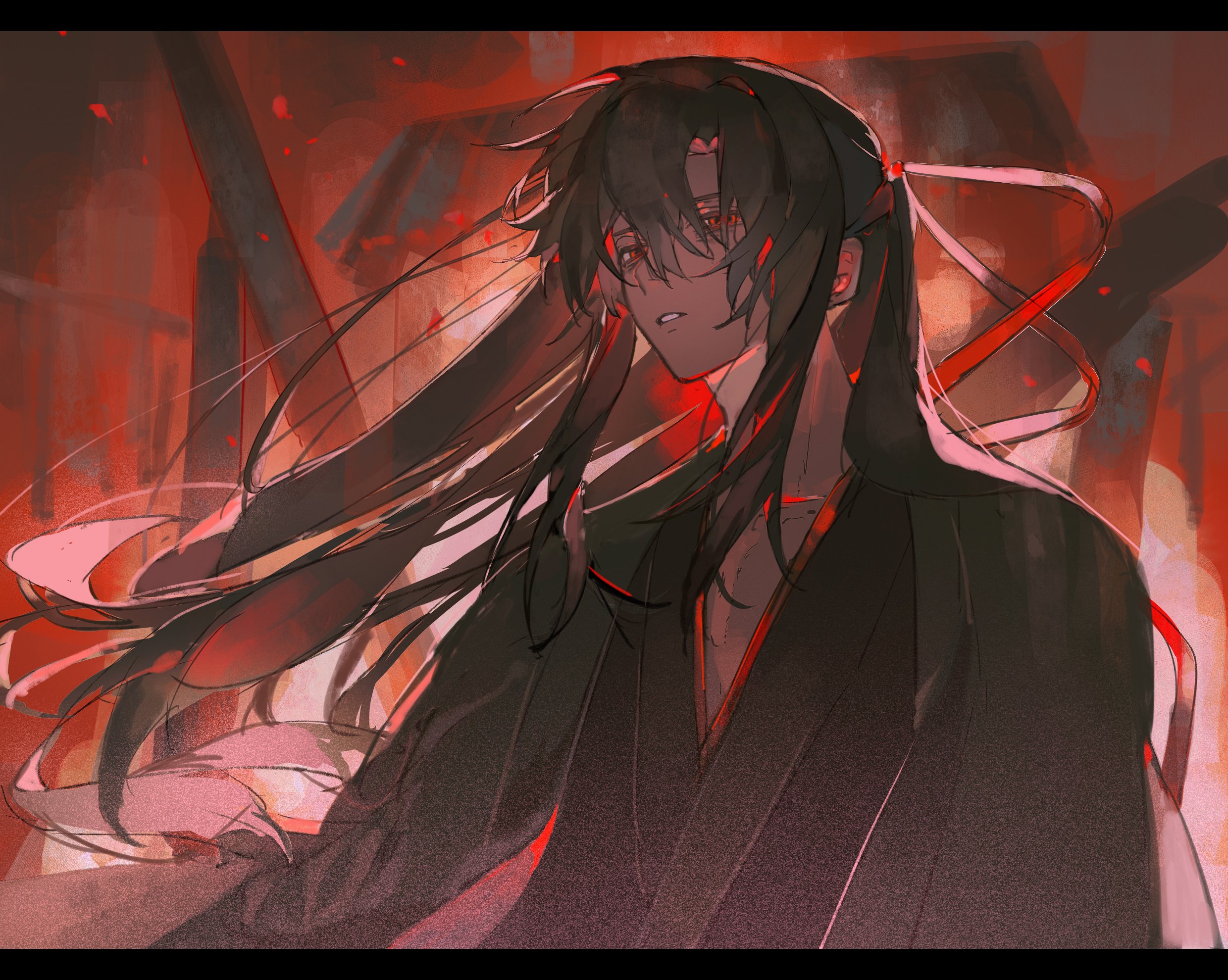 1boy backlighting black_hair black_hanfu burning chinese_clothes coat embers fire floating_hair grey_coat hair_between_eyes hair_down hair_ribbon half_updo hanfu highres letterboxed long_hair long_sleeves looking_at_viewer male_focus modao_zushi night official_alternate_costume official_alternate_hairstyle open_clothes open_coat parted_lips red_eyes red_ribbon red_theme ribbon robe ruins sidelocks solo standing upper_body wei_wuxian wei_wuxian_(yiling_laozu) wind xianyu_tuitui
