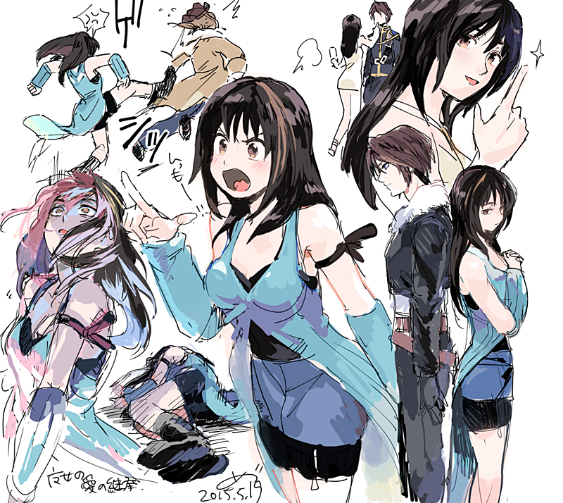 1girl 2boys black_hair blue_arm_warmers brown_eyes dress final_fantasy final_fantasy_viii irvine_kinneas kicking long_hair lying medu_(rubish) multiple_boys multiple_views on_side rinoa_heartilly sleeveless_duster sparkle squall_leonhart white_background white_dress