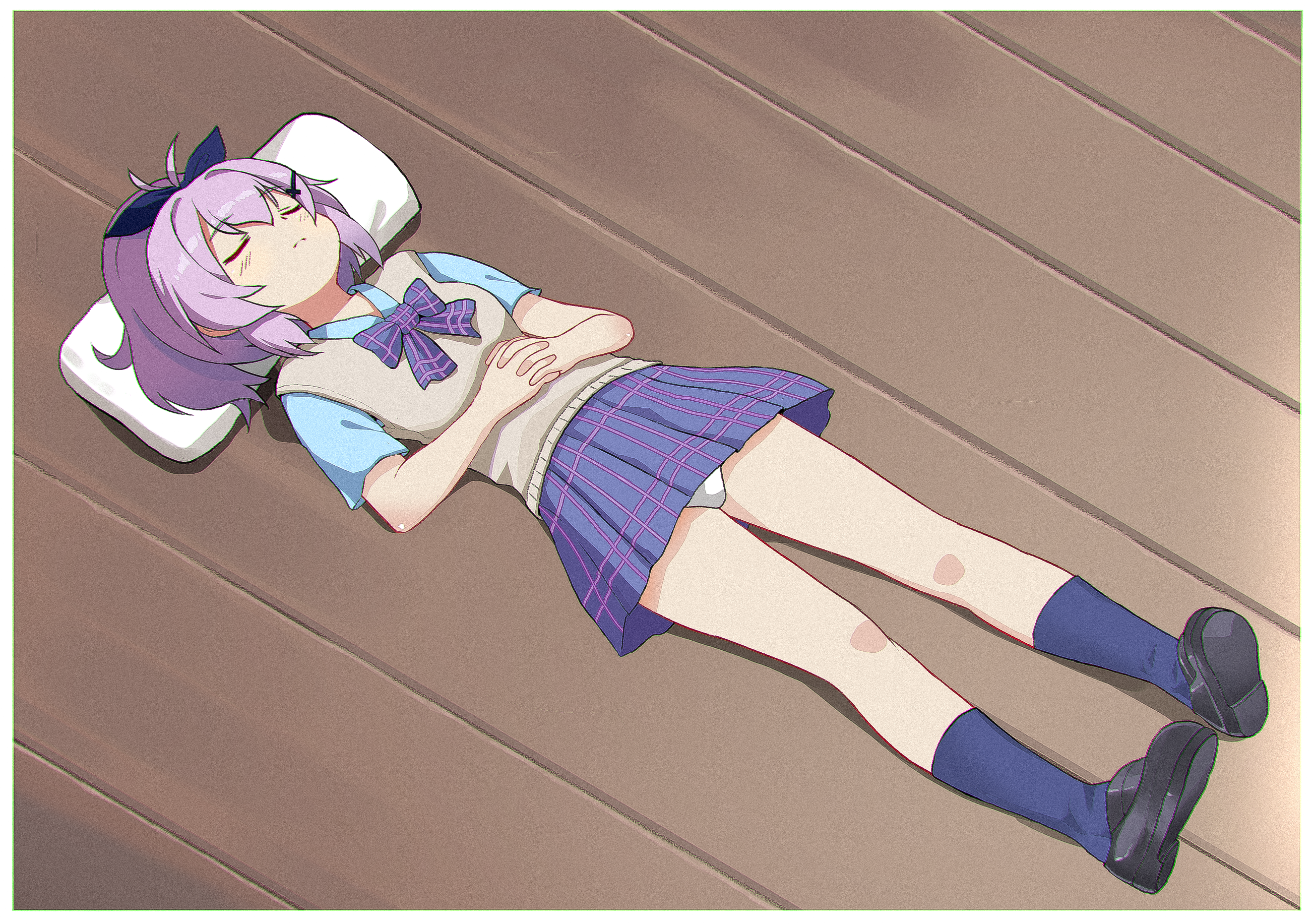 1girl ahoge azur_lane black_shoes blush border bow bowtie brown_sweater_vest chinese_commentary closed_eyes closed_mouth commentary_request cross_hair_ornament from_above full_body hair_ornament hair_ribbon highres javelin_(azur_lane) javelin_(slow_ahead!)_(azur_lane) kuma-bound light_frown loafers lying official_alternate_costume own_hands_together panties pillow plaid_bow plaid_bowtie plaid_clothes plaid_skirt purple_bow purple_bowtie purple_hair purple_shirt purple_skirt purple_socks ribbon shirt shoes short_hair short_sleeves skirt sleeping socks solo sweater_vest thighs underwear white_border white_panties wooden_floor