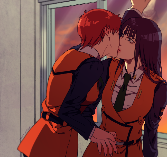 2girls black_hair blunt_bangs elina_kuroe_no_daarin izumi_noa kanuka_clancy kidou_keisatsu_patlabor kiss long_hair multiple_girls necktie police police_uniform red_hair short_hair surprised vest window yuri