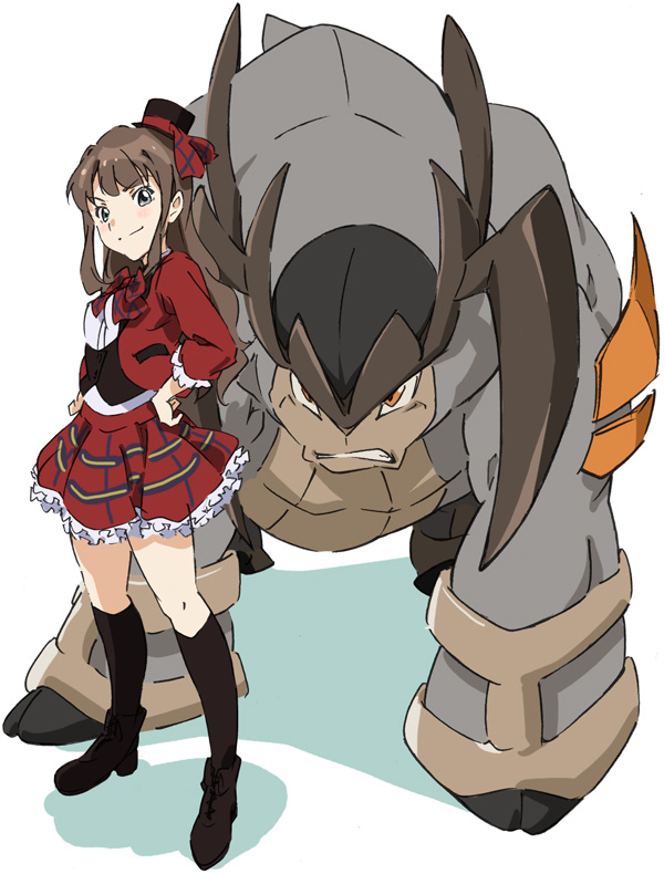 1boy 1girl brown_hair creature crossover full_body gen_5_pokemon grey_eyes hands_on_own_hips hat horns iwasaki_shiho legendary_pokemon looking_at_viewer nintendo no_humans pokemon pokemon_(creature) skirt smile standing terrakion umanosuke wake_up_girls! yellow_eyes