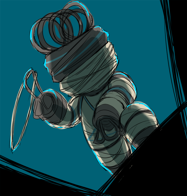 arm_on_knee black_background blue_background commentary_request dutch_angle holding_lasso knee_up lasso mario_(series) nintendo no_humans object_focus paper_mario paper_mario:_the_origami_king rubber_band rubber_band_(paper_mario) solo two-tone_background yurui_houki