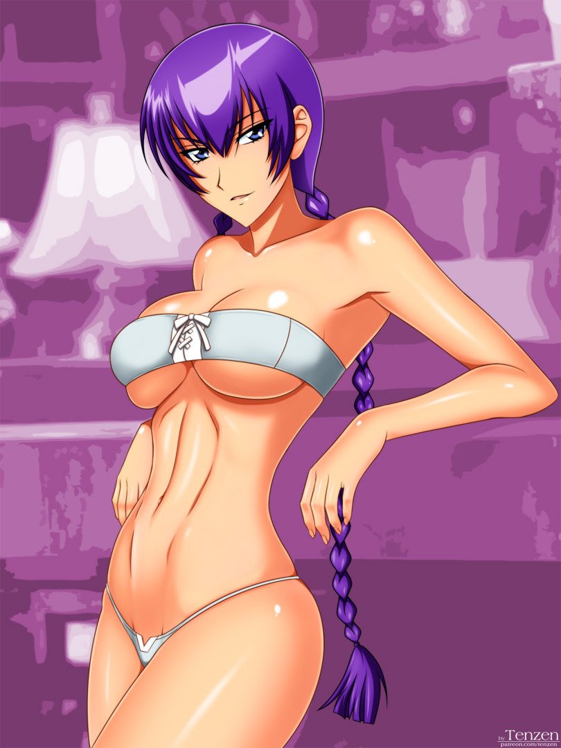 1girl bikini blue_eyes breasts busujima_saeko highschool_of_the_dead large_breasts long_hair looking_at_viewer ponytail purple_hair solo swimsuit tenzen thighs thong_bikini