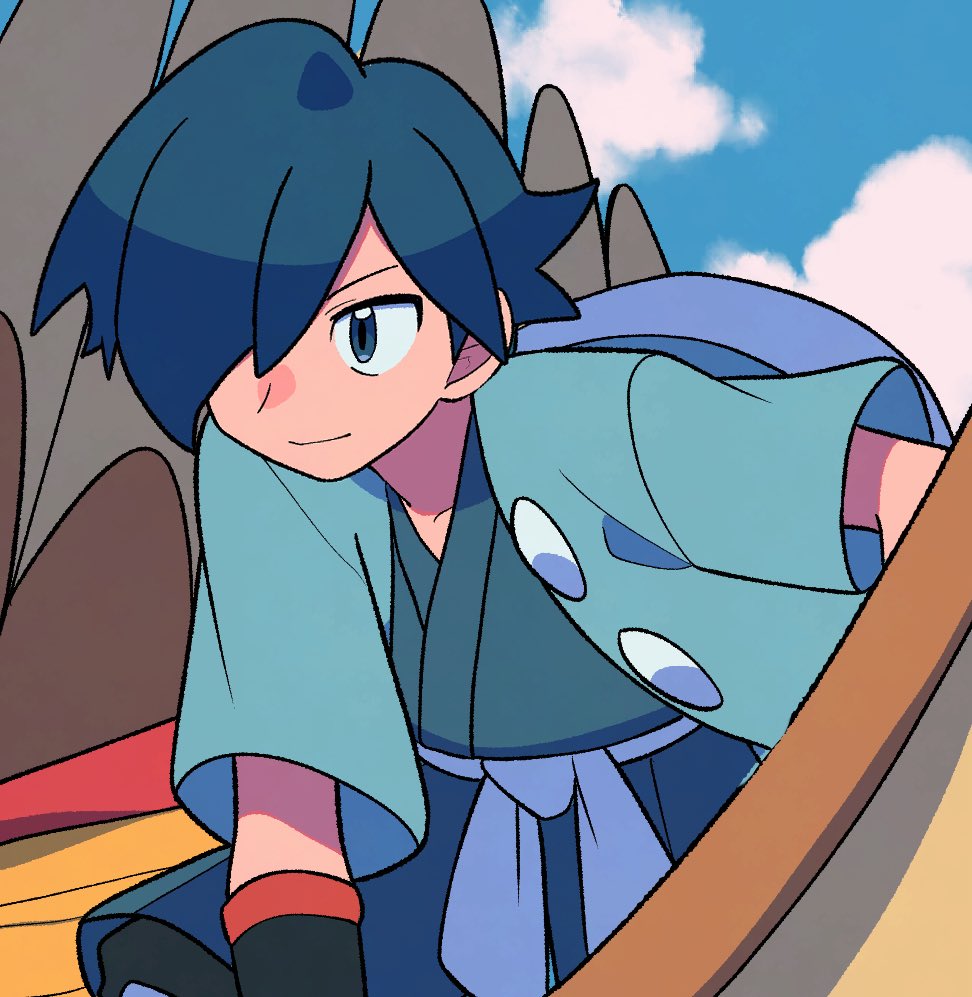 1boy bird blue_eyes blue_hair closed_mouth cloud commentary day falkner_(pokemon) gen_1_pokemon hair_over_one_eye jacket japanese_clothes kimono male_focus nintendo open_clothes open_jacket outdoors pidgeot pokemon pokemon_(creature) pokemon_hgss riding riding_pokemon sash short_hair sky smile symbol-only_commentary tyako_089 white_sash wristband