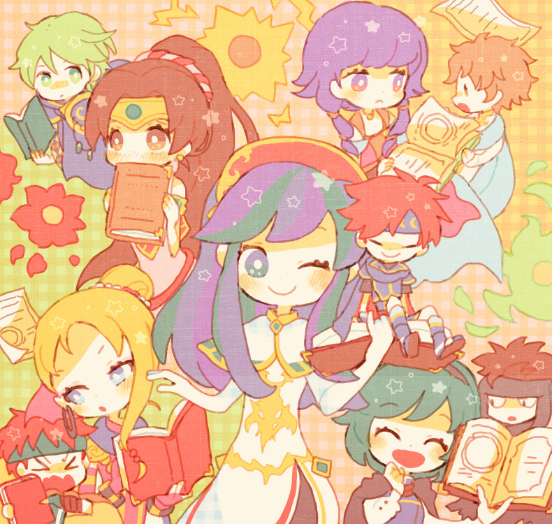blue_eyes blue_hair blush book cape dress closed_eyes fingerless_gloves fire_emblem fire_emblem:_mystery_of_the_emblem fire_emblem:_the_binding_blade fire_emblem:_the_blazing_blade fire_emblem_heroes gloves green_eyes green_hair hairband jaffar_(fire_emblem) kappaman lilina_(fire_emblem) linde_(fire_emblem) long_hair looking_at_viewer merric_(fire_emblem) multiple_girls nino_(fire_emblem) nintendo open_mouth red_hair roy_(fire_emblem) short_hair smile