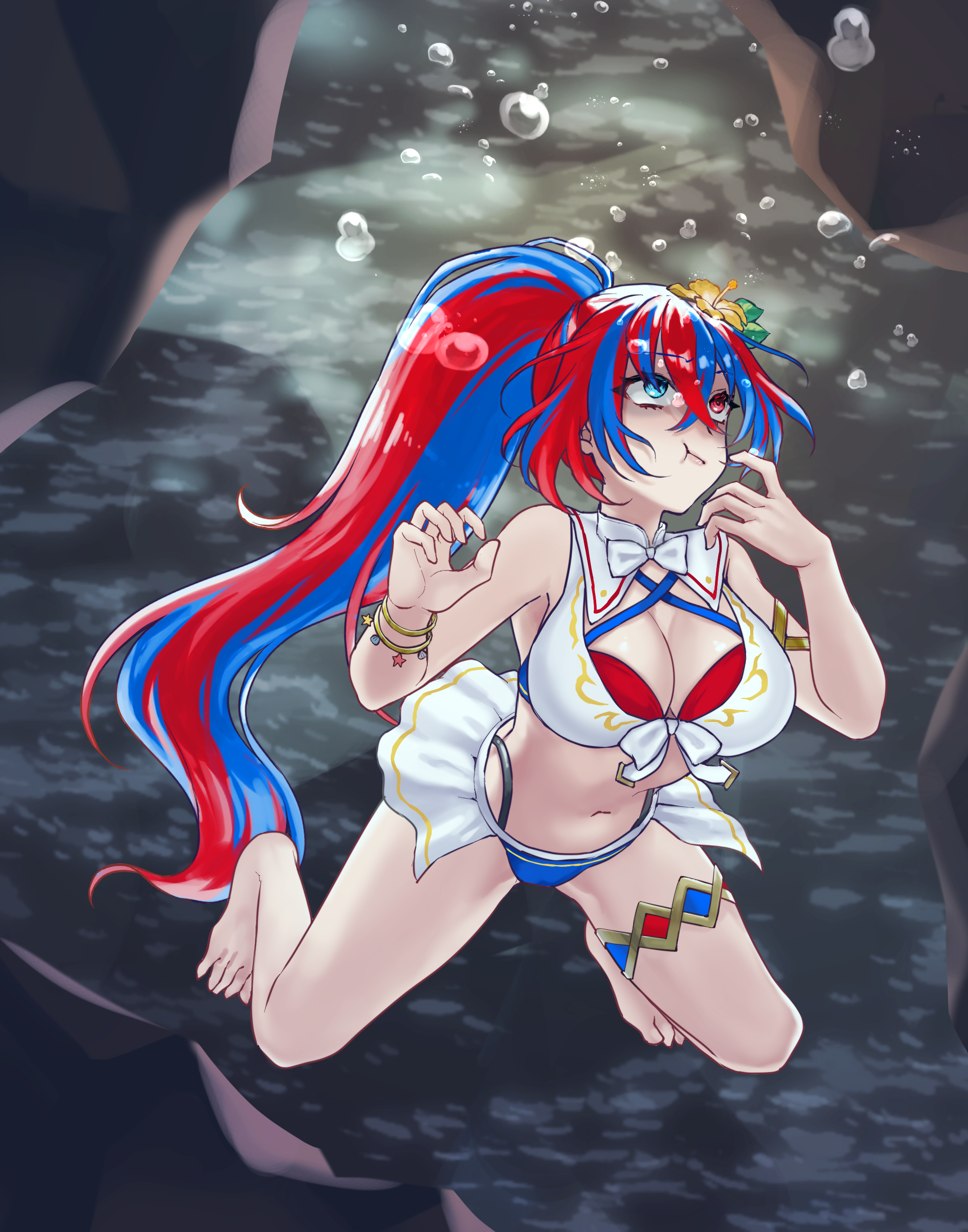 1girl absurdres air_bubble female_alear_(fire_emblem) asphyxiation bikini blue_bikini blue_hair breasts bubble cleavage closed_eyes criss-cross_halter crossed_bangs diving drowning female_alear_(fire_emblem) female_alear_(seaside_dragon)_(fire_emblem) fire_emblem fire_emblem_engage fire_emblem_heroes freediving gold_armlet gold_thighlet halterneck hazuki_(nyorosuke) highres holding_breath large_breasts large_variant_set long_hair multicolored_bikini multicolored_hair multicolored_swimsuit nintendo official_alternate_costume official_alternate_hairstyle peril ponytail red_bikini red_hair showgirl_skirt solo split-color_hair struggling submerged swimming swimsuit two-tone_hair underwater variant_set very_long_hair white_bikini