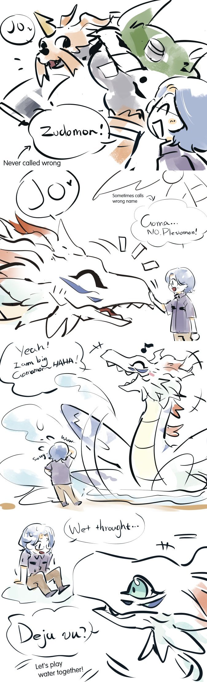 1boy blue_eyes digimon digimon_(creature) glasses hammer highres kido_jo looking_at_another musical_note plesiosaur zudomon