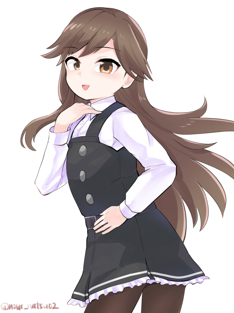 1girl arashio_(kancolle) arashio_kai_ni_(kancolle) black_dress black_pantyhose brown_eyes brown_hair collared_shirt dress dress_shirt hand_on_own_hip kantai_collection long_hair looking_back noba_(ne83ko61) pantyhose pinafore_dress shirt simple_background sleeveless sleeveless_dress solo twitter_username white_background white_shirt