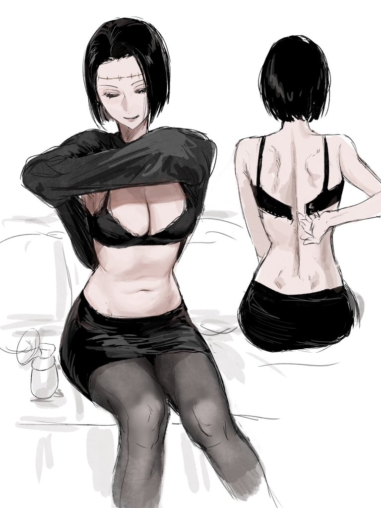 1girl back belly black_bra black_hair black_shirt black_skirt bra breasts cleavage closed_eyes clothes_lift fallsoki from_behind itadori_kaori jujutsu_kaisen kenjaku large_breasts multiple_views navel pantyhose pencil_skirt removing_bra scar scar_on_face scar_on_forehead shirt shirt_lift short_hair sitting skirt smile stitches u_u underwear