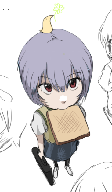 1girl animal animal_on_head ayanami_rei bag bird bird_on_head black_socks blue_hair blue_skirt blush bread bread_slice briefcase brown_vest chibi clover commentary english_commentary food food_in_mouth four-leaf_clover from_above from_side full_body grey_skirt hand_up holding holding_bag lina_rei mouth_hold necktie neon_genesis_evangelion nvi2762 on_head red_eyes red_necktie school_briefcase school_uniform shirt short_hair short_sleeves simple_background skirt socks solo sweater_vest toast toast_in_mouth tokyo-3_middle_school_uniform vest white_background white_shirt wing_collar yellow_sweater_vest