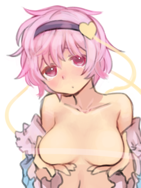 1girl bare_shoulders blush breasts censored female_focus hairband heart komeiji_satori large_breasts looking_at_viewer no_bra off_shoulder open_clothes open_shirt pine_(pine-box) pink_eyes pink_hair shirt short_hair simple_background sketch solo touhou upper_body white_background