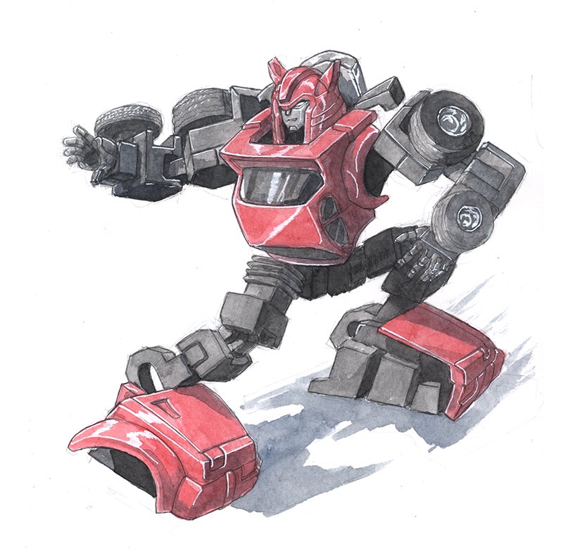 autobot cliffjumper commentary english_commentary horns looking_to_the_side mecha open_hands painting_(medium) robot science_fiction shadow solo tgping traditional_media transformers twisted_torso watercolor_(medium) wheel white_background white_eyes