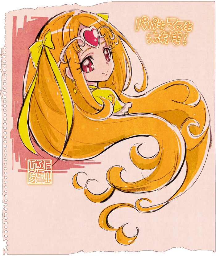 1girl artist_logo bow circlet cure_muse_(yellow) earrings eyelashes hair_bow hair_ribbon heart heart_earrings jewelry kamikita_futago logo long_hair looking_to_the_side magical_girl orange_hair paper_background precure red_eyes ribbon shirabe_ako smile solo stamp_mark suite_precure tiara torn_paper upper_body yellow_bow yellow_ribbon