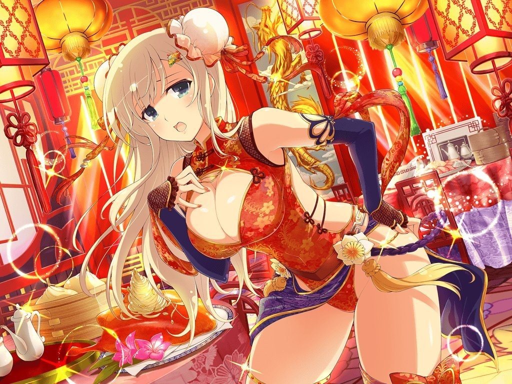 1girl aqua_eyes architecture steamed_bun blonde_hair blush bow bowl breast_suppress breasts bun_cover chinese_clothes chinese_knot cleavage cleavage_cutout clothing_cutout covered_navel double_bun dragon dumpling east_asian_architecture elbow_gloves fingerless_gloves fishnet_gloves fishnets floral_print_bow floral_print_leotard flower food gem gloves gold_thighlet groin hair_bun hair_ornament hairclip hand_on_own_chest hand_on_own_hip lantern large_breasts lattice leaf leg_ribbon lens_flare heavy_lens_flare leotard light_particles loaded_interior long_hair looking_at_viewer official_alternate_costume official_art open_mouth paper_lantern pink_flower print_leotard red_bow red_gemstone red_leotard red_ribbon revealing_clothes ribbon sash senran_kagura senran_kagura_new_link senran_kagura_shoujo-tachi_no_shin&#039;ei shiny_skin shuriken solo sparkle tassel teapot thigh_bow thigh_ribbon thigh_strap weapon white_flower yaegashi_nan yellow_flower yomi_(senran_kagura)