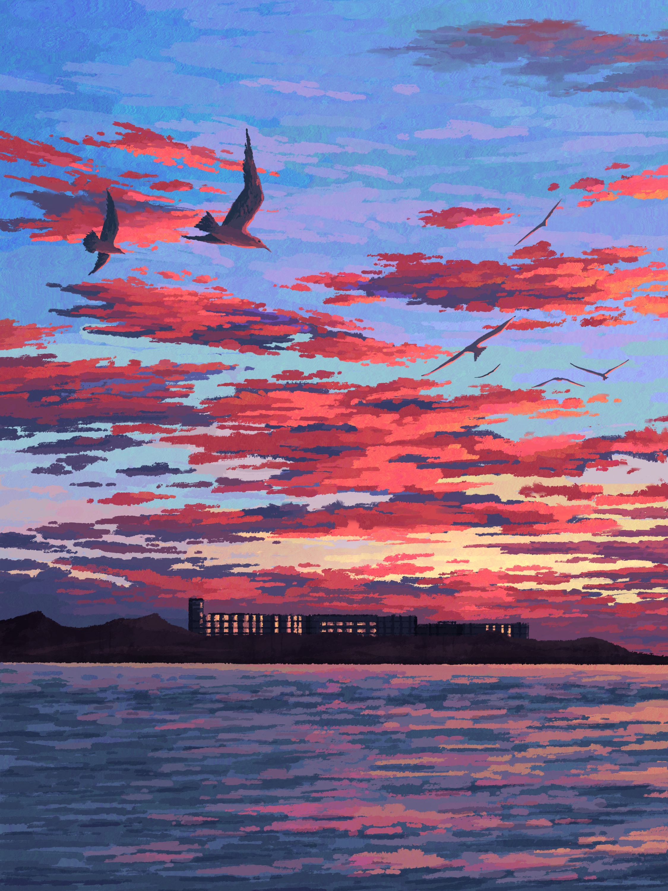absurdres animal bird blue_sky building chinese_commentary city_lights cloud cloudy_sky commentary_request evening fangpeii highres hill landscape mountainous_horizon no_humans ocean orange_clouds original scenery seagull sky sky_focus sunset water