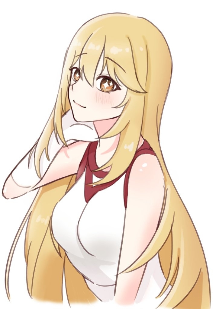 1girl ansan_0927 blonde_hair breasts closed_mouth commentary_request elbow_gloves gloves gym_shirt hair_between_eyes hand_on_own_neck large_breasts long_hair looking_at_viewer no_emblem red_trim shirt shokuhou_misaki sketch sleeveless sleeveless_shirt smile solo star-shaped_pupils star_(symbol) symbol-shaped_pupils toaru_kagaku_no_railgun toaru_kagaku_no_railgun_t toaru_majutsu_no_index tokiwadai_school_gym_uniform very_long_hair white_background white_gloves yellow_eyes yellow_pupils