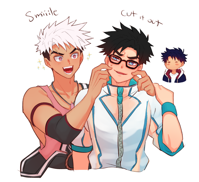 3boys ace_anderson asymmetrical_bangs avan_geiserford black-framed_eyewear black_hair blue_eyes blush chibi cseighteen elbow_sleeve english_text fangs glasses hood hoodie jacket jock_studio_(blits_games) male_focus multiple_boys nakajima_yuuto open_mouth pink_eyes pink_tank_top shirt short_hair sparkle sweatdrop tank_top teeth upper_body white_background white_hair white_jacket white_shirt yaoi zipper