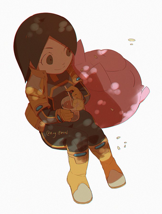 1girl bodysuit boots brown_eyes brown_hair closed_mouth cup drinking_glass drinking_straw eyelashes food fruit gen_1_pokemon jacket jigglypuff lemon lemon_slice medium_hair mii_(nintendo) mii_gunner nintendo one-hour_drawing_challenge pokemon pokemon_(creature) sg_(suuchan) simple_background smile super_smash_bros. twitter_username white_background yellow_boots yellow_jacket