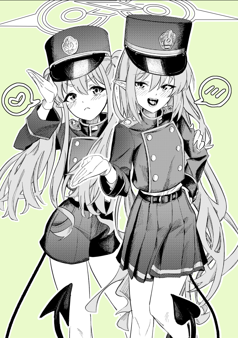 2girls alternate_hairstyle blue_archive closed_mouth cosplay costume_switch demon_tail fangs gloves hair_between_eyes hairstyle_switch hand_on_another&#039;s_arm hand_on_own_hip hat hikari_(blue_archive) jacket long_hair multiple_girls nozomi_(blue_archive) open_hands open_mouth pantyhose peaked_cap pointy_ears rabbit_pose shorts sidelocks skirt tail twintails xiegitoai