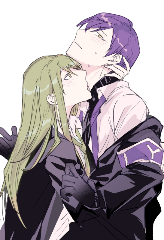 2boys black_gloves black_suit black_sweater blush collared_shirt embarrassed formal_clothes from_side gloves green_hair ko_bammm licking licking_another&#039;s_neck lobotomy_corporation long_hair male_focus multiple_boys netzach_(project_moon) open_clothes open_shirt project_moon purple_hair ribbed_sweater shirt short_hair simple_background suit sweater turtleneck turtleneck_sweater upper_body very_long_hair white_background white_shirt yaoi yesod_(project_moon)