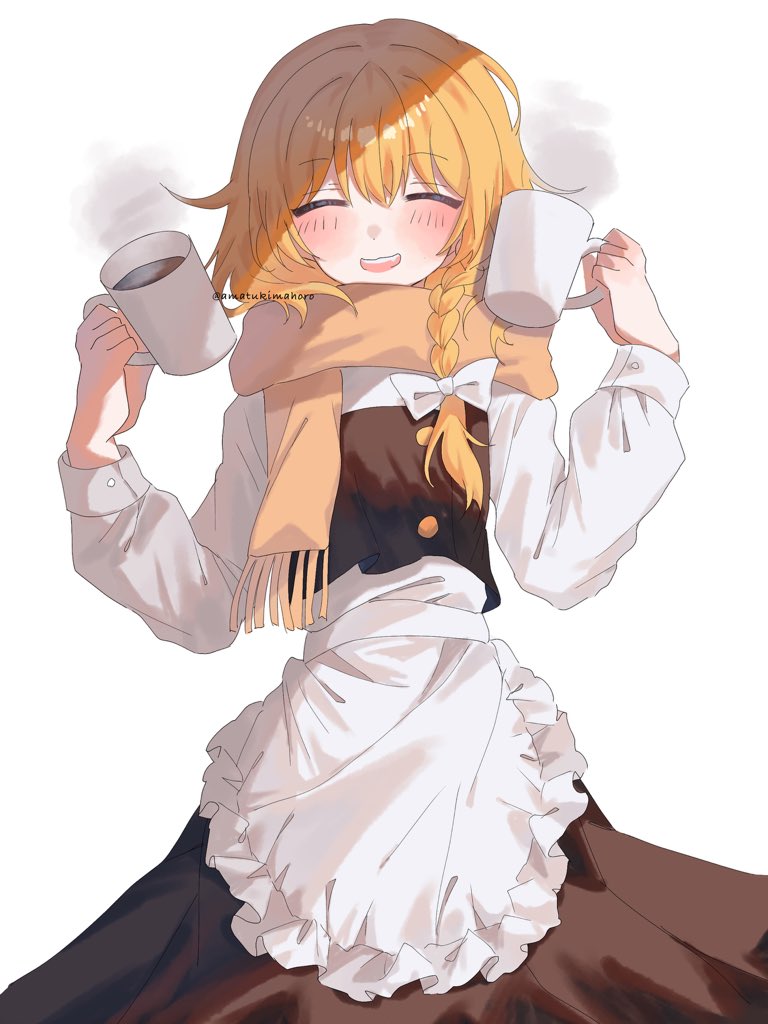 1girl :d amatukimahoro apron black_skirt black_vest blonde_hair blush closed_eyes cowboy_shot cup frilled_apron frills happy holding holding_cup kirisame_marisa long_hair long_sleeves no_headwear open_mouth scarf shirt simple_background skirt smile solo touhou upper_body vest waist_apron white_apron white_background white_shirt yellow_scarf