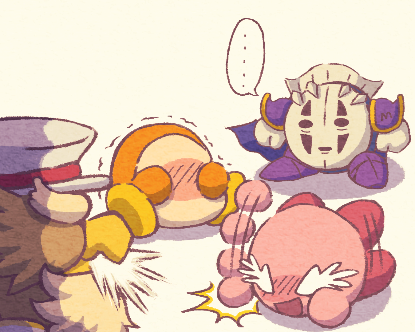 ... armor blue_cape blush cape captain_vul closed_eyes covering_face gloves kaonashi kirby kirby_(series) laughing meta_knight miclot nintendo no_humans open_mouth pauldrons sen_to_chihiro_no_kamikakushi shoulder_armor simple_background smile speech_bubble spit_take spitting spoken_ellipsis trembling waddle_dee white_gloves