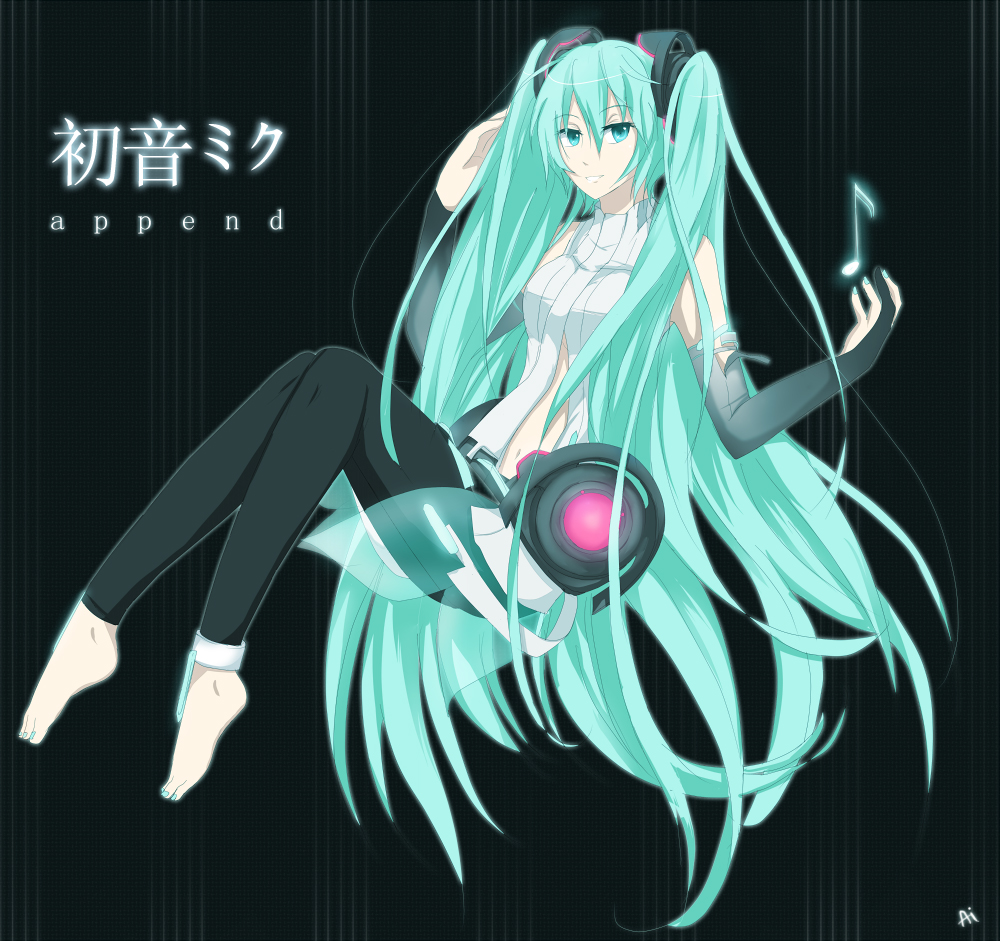 1girl aqua_eyes aqua_hair barefoot breasts bridal_gauntlets detached_sleeves elbow_gloves fingerless_gloves gloves green_hair hatsune_miku hatsune_miku_(append) kuroha_ai long_hair navel necktie smile solo thighhighs twintails very_long_hair vocaloid vocaloid_append