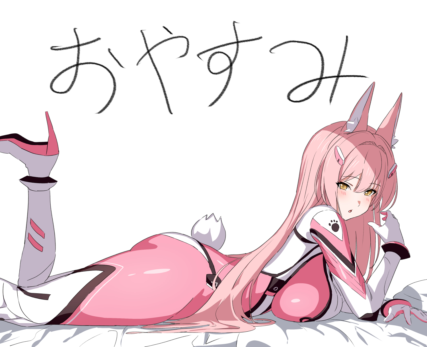 1girl :o alternate_costume animal_ears blush bodysuit breasts gloves goddess_of_victory:_nikke hair_between_eyes hair_ornament hatenoga high_heels highres leona_(nikke) leona_(zoo_keeper)_(nikke) long_hair looking_at_viewer lying official_alternate_costume on_stomach pink_hair rabbit_ears rabbit_tail solo tail white_background yellow_eyes