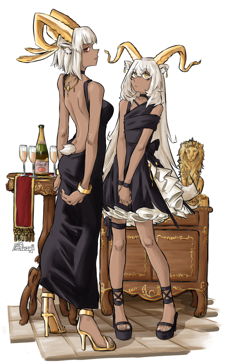 2girls animal_ears arknights ass back bare_shoulders beeswax_(arknights) black_dress black_footwear bottle bracelet breasts carnelian_(arknights) cup cupboard dark-skinned_female dark_skin dress drinking_glass earrings evening_gown furauji goat_ears goat_horns goat_tail gold_footwear high_heels horns jewelry large_breasts long_hair looking_at_viewer multiple_girls nail_polish red_eyes short_hair sleeveless sleeveless_dress statue toenail_polish toenails very_long_hair white_nails wine_bottle wine_glass yellow_eyes