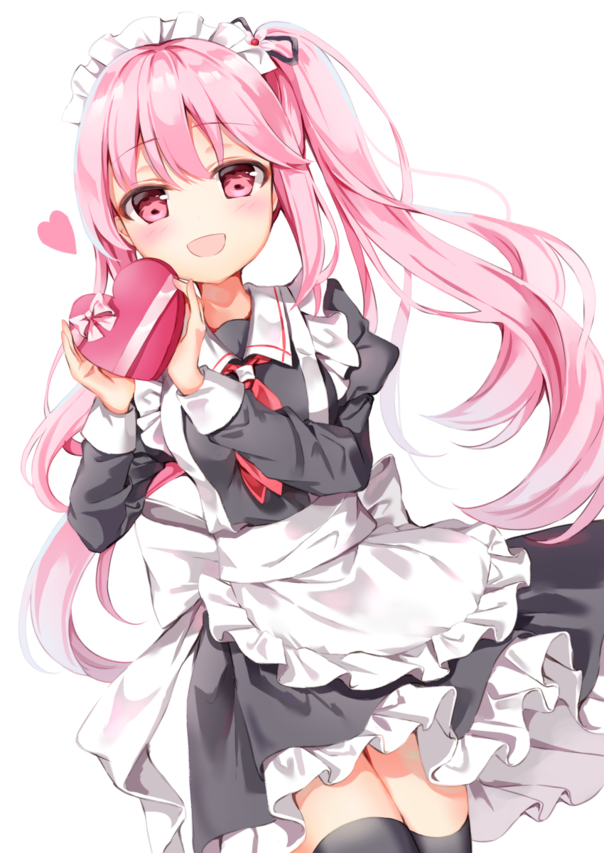 1girl :d apron black_serafuku black_thighhighs blush box commentary_request female_focus frilled_apron frills gift gift_box harusame_(kancolle) heart heart-shaped_box highres holding holding_gift juliet_sleeves kantai_collection long_hair long_sleeves maid_headdress neckerchief open_mouth pink_eyes pink_hair puffy_sleeves red_neckerchief school_uniform serafuku side_ponytail simple_background smile solo sugisaki_yuu thighhighs white_apron white_background