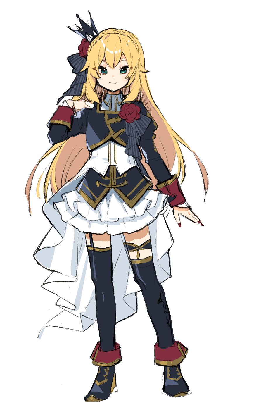 1boy adapted_costume asymmetrical_legwear black_jacket black_shoes black_thighhighs blonde_hair bow braid brooch closed_mouth coattails collared_shirt cr-r cropped_jacket crossdressing crossdressing_(mtf) crown crown_braid flower flower_brooch full_body garter_straps green_eyes hair_bow hair_flower hair_ornament highres jacket jewelry legwear_garter long_hair looking_at_viewer male_focus mini_crown miniskirt nail_polish nijisanji red_flower red_rose rose shirt shoes simple_background single_garter_strap single_legwear_garter sketch skirt sleeve_cuffs smile solo standing thighhighs trap uneven_legwear uzuki_kou virtual_youtuber white_background white_shirt white_skirt