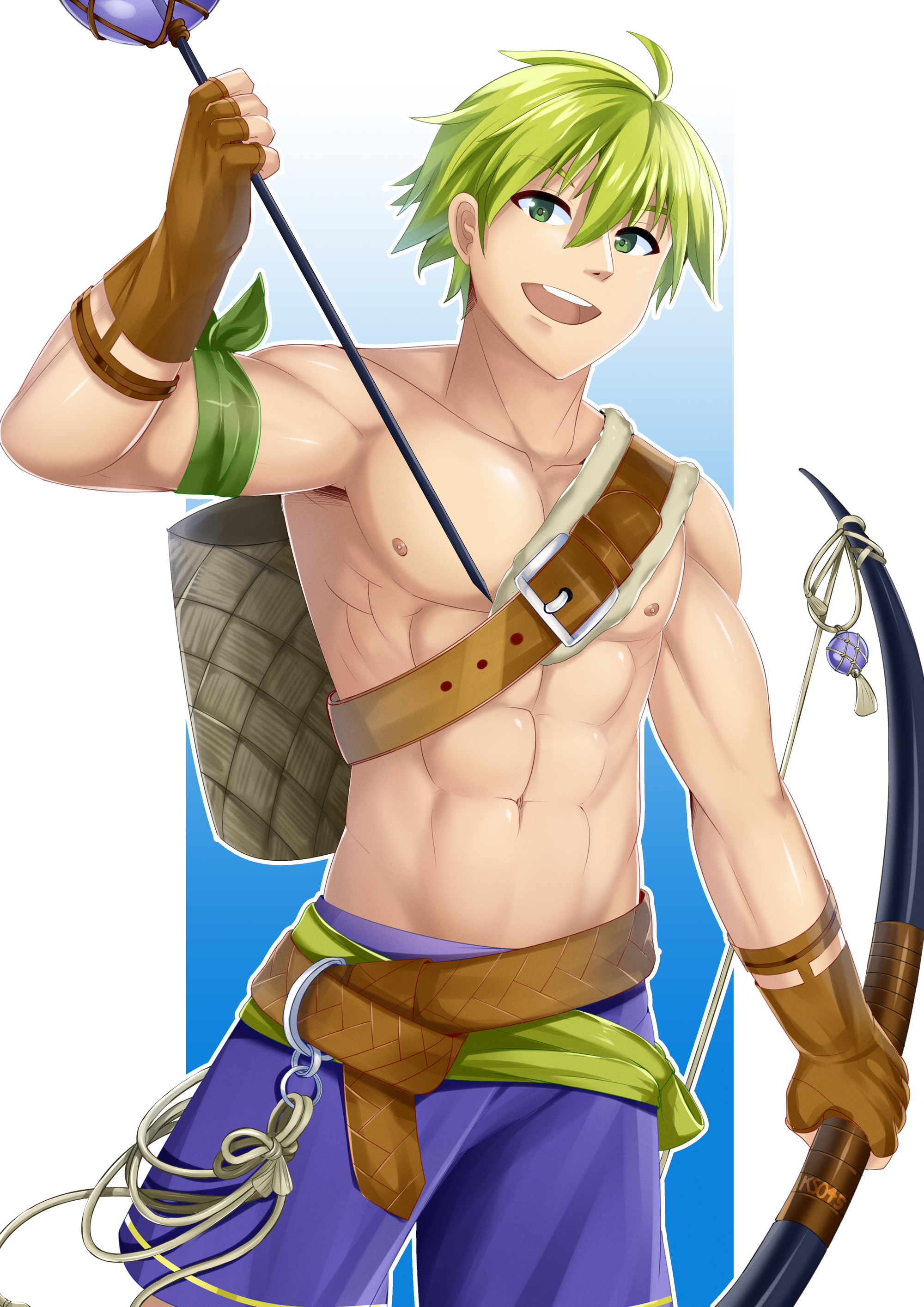 1boy abs absurdres arrow_(projectile) bara bow_(weapon) fire_emblem fire_emblem_heroes gloves green_eyes green_hair highres katou_shinobu muscular nintendo open_mouth smile weapon wolt_(fire_emblem)