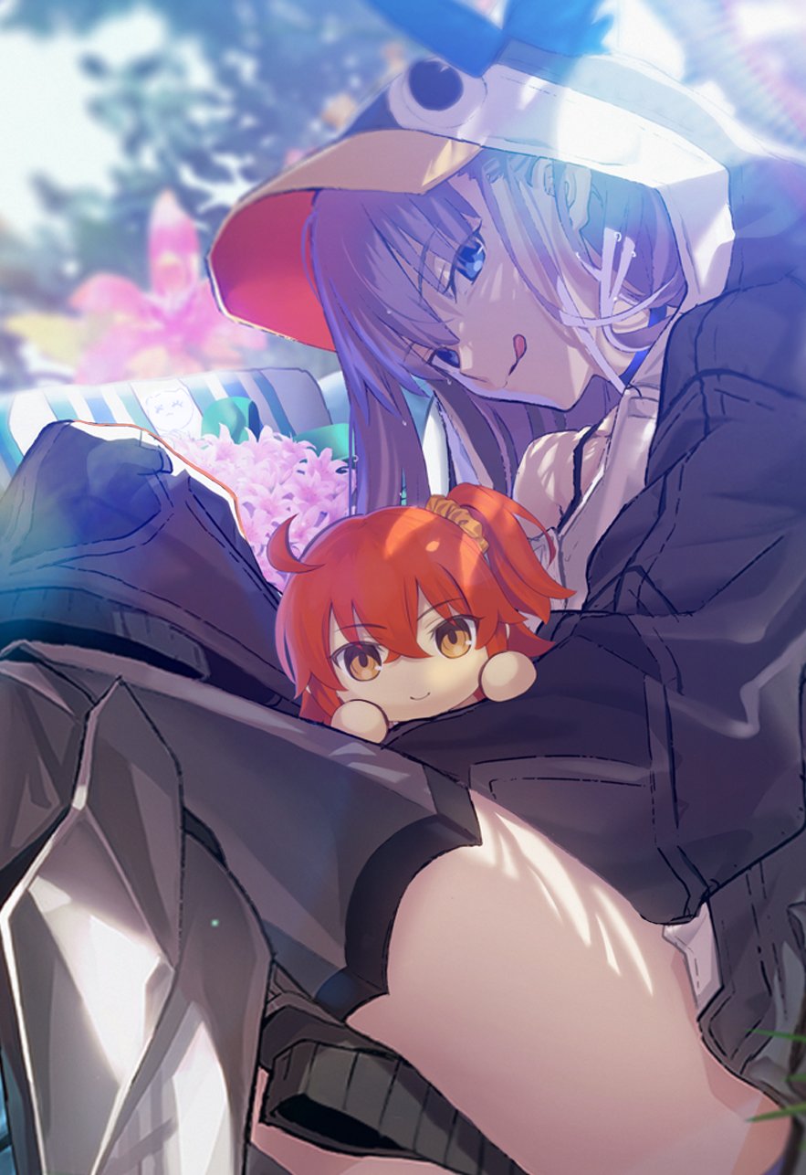 1girl animal_costume animal_hood aora bird black_jacket blue_bow blue_choker blue_eyes blurry blurry_background blush bow choker fate/extra fate/extra_ccc fate/grand_order fate_(series) highres hood hood_up hooded_jacket jacket long_hair long_sleeves looking_at_viewer meltryllis meltryllis_(fate) meltryllis_(swimsuit_lancer)_(fate) meltryllis_(swimsuit_lancer)_(first_ascension)_(fate) penguin penguin_costume penguin_hood prosthesis prosthetic_leg purple_hair sleeves_past_fingers sleeves_past_wrists smile solo stuffed_toy tongue tongue_out