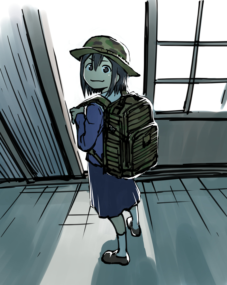 1girl asakusa_midori backpack bag black_hair boonie_hat camouflage_bag camouflage_hat commentary eizouken_ni_wa_te_wo_dasu_na! hair_between_eyes henriiku_(ahemaru) school_uniform shibahama_high_school_uniform short_hair skirt socks solo white_socks