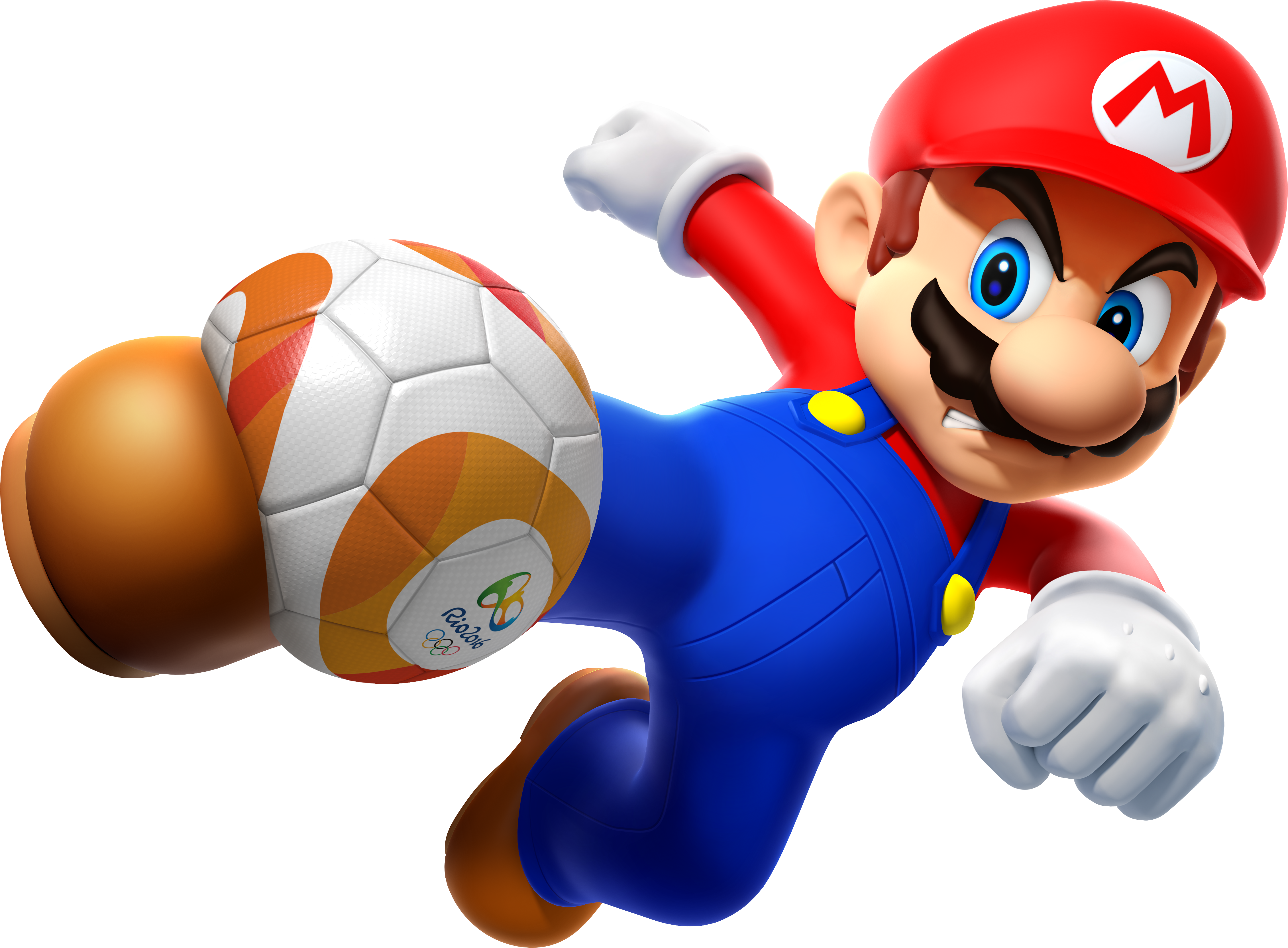 1boy 2016_summer_olympics 3d absurdres arms_up ball big_nose blue_eyes blue_overalls brown_hair brown_shoes buttons cabbie_hat clenched_hands clenched_teeth clothes_writing facial_hair full_body gloves hat highres jumping kicking leg_up long_sleeves male_focus mario mario_&_sonic_(series) mario_&_sonic_at_the_rio_2016_olympic_games mario_(series) mustache nintendo official_art olympic_rings olympics outstretched_arm overalls red_hat red_shirt serious shirt shoes short_hair simple_background soccer soccer_ball solo teeth third-party_source transparent_background v-shaped_eyebrows white_gloves