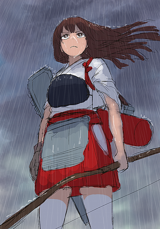 1girl akagi_(kancolle) bow_(weapon) brown_eyes brown_hair closed_mouth cloud cloudy_sky from_below gloves hakama hakama_skirt holding holding_bow_(weapon) holding_weapon japanese_clothes kantai_collection long_hair muneate outdoors partially_fingerless_gloves partly_fingerless_gloves rain red_hakama single_glove sketch skirt sky solo tasuki thighhighs weapon wet wet_hair white_thighhighs yue_(tada_no_saboten) yugake