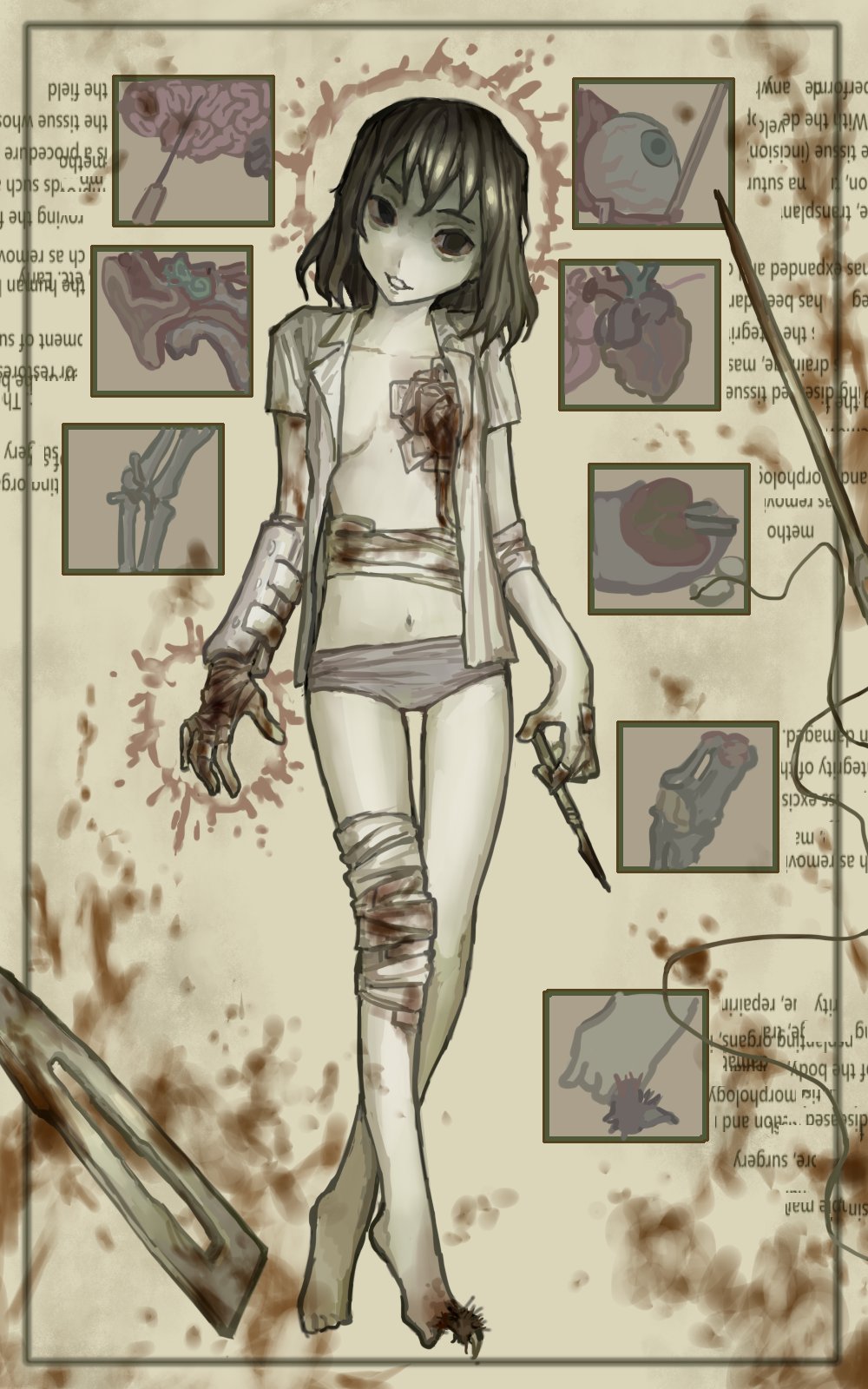 1girl anatomy bandages barefoot blood bloodshot_eyes bloody_bandages bone brain brain_injection breasts brown_hair cast claws cleavage collared_shirt english_text eyeball full_body guro hair_ornament hairclip head_tilt heart_(organ) highres holding holding_scalpel injection looking_at_viewer medium_breasts midriff mimi_(world_of_horror) navel needle no_bra no_pants open_clothes open_shirt panties paper parted_lips pink_panties scalpel sewing_needle shirt small_breasts smile solo splint thread underwear unworn_hair_ornament unworn_hairclip world_of_horror wuwuren x-ray