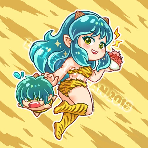 1boy 1girl animal_print artist_name bikini boots flying_sweatdrops green_eyes green_hair horns lightning_bolt_symbol littleredbean23 long_hair lowres lum midriff oni open_mouth pointy_ears sidelocks single_horn smile strapless strapless_bikini swimsuit ten_(urusei_yatsura) tiger_print urusei_yatsura watermark yellow_background yellow_boots