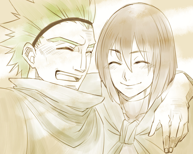 2boys arm_around_shoulder brothers closed_eyes gannen_harst green_hair hairband male_focus multiple_boys poncho red_hair short_hair siblings smile the_saga_of_darren_shan vancha_march aged_down