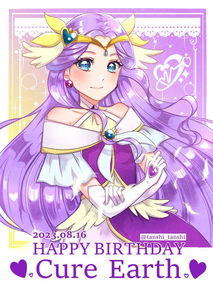 1girl birthday blue_eyes character_name circlet cure_earth dated dress earrings elbow_gloves fuurin_asumi gloves gradient_background hair_ornament healin&#039;_good_precure heart heart_hair_ornament jewelry leaf_earrings lips long_hair looking_at_viewer magical_girl pom_pom_(clothes) pom_pom_earrings precure purple_background purple_dress purple_hair smile solo tanshi_tanshi tiara twitter_username very_long_hair white_background white_gloves yellow_background