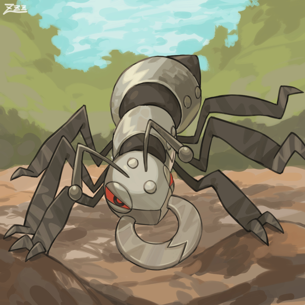 animal_focus ant antennae black_eyes bug cloud colored_sclera commentary_request day durant gen_5_pokemon insect nintendo no_humans outdoors oyasuminjyutsu pokemon pokemon_(creature) red_pupils red_sclera signature sky solo tree