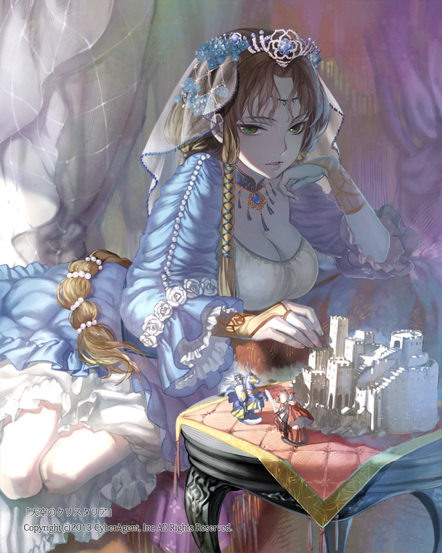 1girl beads breasts brown_hair castle chair cleavage couch curtains female_focus figure green_eyes hair_beads hair_ornament hair_tubes head_rest headdress jewelry long_hair looking_at_viewer lots_of_jewelry model_building patterned_upholstery quilted red_upholstery sheer_curtains solo table tenkuu_no_crystalia ushi_(newrein) veil watermark