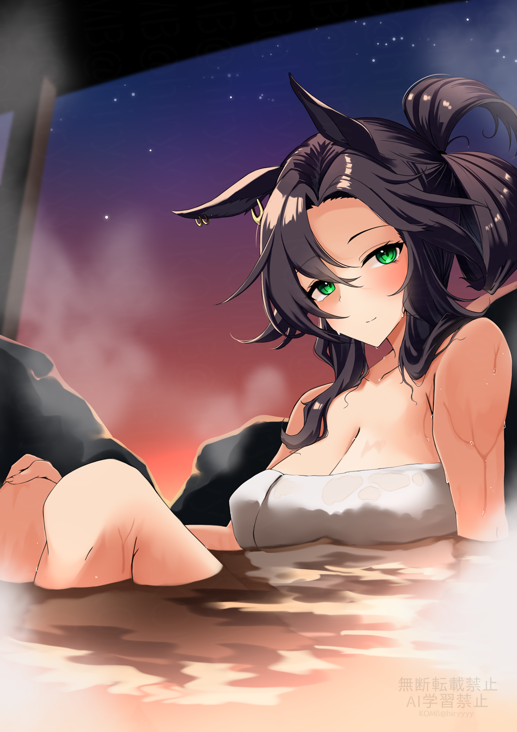 1girl alternate_costume animal_ears bare_shoulders bathing black_hair blush breasts cleavage commentary_request green_eyes highres horse_ears horse_girl knees_up komb large_breasts long_hair naked_towel onsen outdoors sidelocks smile solo speed_symboli_(umamusume) steaming_body sweat textless_version towel umamusume water wet